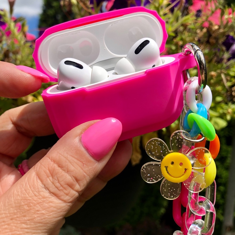 Hot pink earphone case with charm detail, Fits AirPod Pro